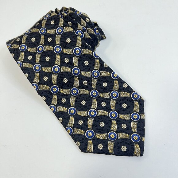 ROBERT TALBOTT BEST of CLASS Silk Neck Tie Black Blue Gold Geometric Long 62” - Picture 1 of 8